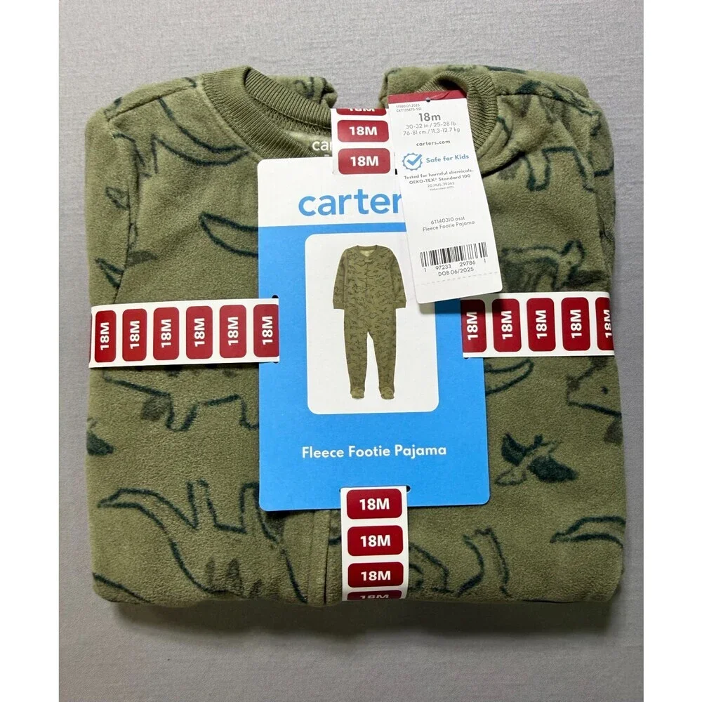 NWT Carter's Fleece Footie Pajama Toddlers 18M Green Animal Print Casual Wear